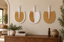 Cargar imagen en el visor de la galería, Hand Woven African Decor Fan Painted White | Primitive Decor | Statement Piece | Rustic| Boho | Farm House | Antique Wall Hanging | Minimalist