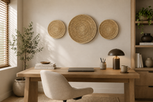Load image into Gallery viewer, Set of 3 Handwoven Raffia Wall Baskets | African Straw & Palm Leaf Art | Afrocentric | Japandi | Retro | Scandi | Rustic | Minimalist