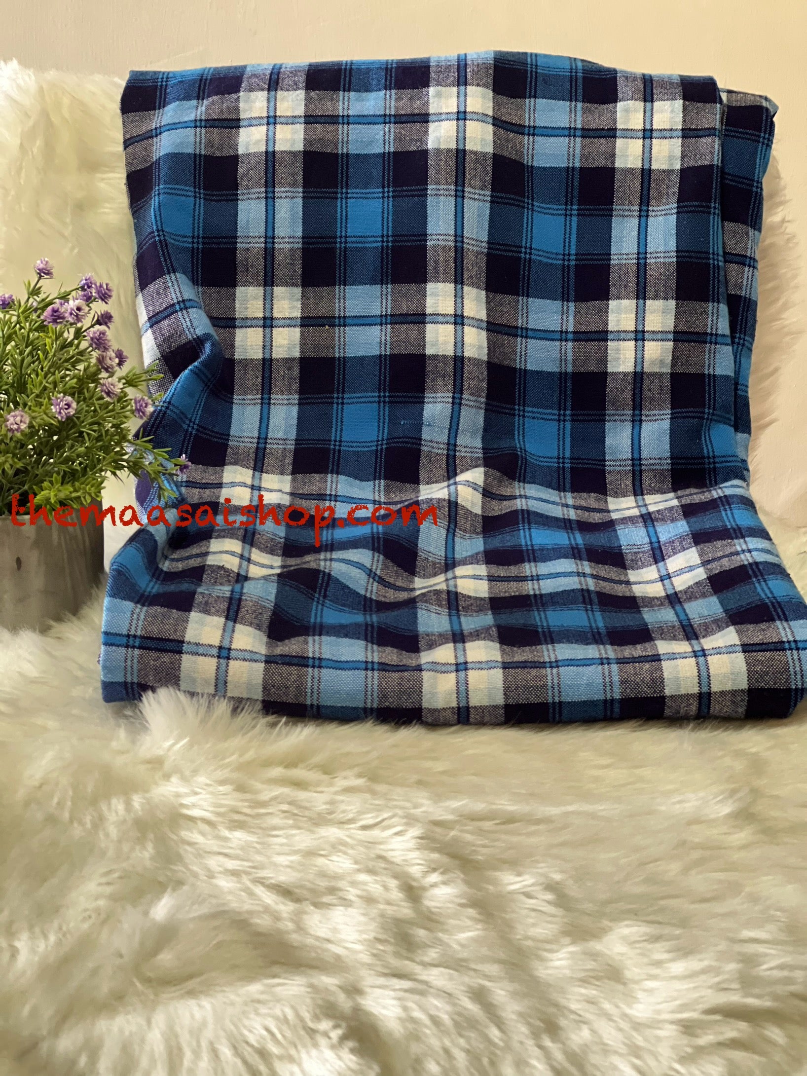 Blue and White Maasai Blanket Masai Shuka - Main Image