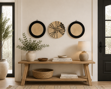 Lade das Bild in den Galerie-Viewer, Set of 3 Handwoven Raffia Wall Baskets | African Straw Art | Japandi | Scandinavian Decor Rustic