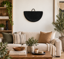 Charger l'image dans la galerie, Handwoven Sisal Decorative Fan Wall Decor, Black African Wall Art, Natural Fiber Boho Decor, Woven Fan Tapestry, Japandi Decor -BLACK