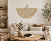 Load image into Gallery viewer, Handwoven Sisal Decorative Fan Wall Decor, Black African Wall Art, Natural Fiber Boho Decor, Woven Fan Tapestry, Japandi Decor -White