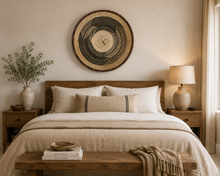 Cargar imagen en el visor de la galería, Primitive Wall Art | Rustic African Handwoven Wall Basket | Tonga Wall Hanging | Natural Wall Decor | Straw & Palm Leaf Art (47cm)
