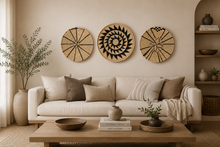 Load image into Gallery viewer, Set of 3 Handwoven Raffia Wall Baskets | African Straw Art | Japandi | Scandinavian Decor Rustic
