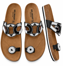 Lade das Bild in den Galerie-Viewer, Hand Beaded Kenyan  Sandals | Maasai-Inspired Boho Summer Slides | Kenyan Sandals | African Wear | Tropical Holiday | Cork Sole | Black &amp; White Birkenstock Sandals
