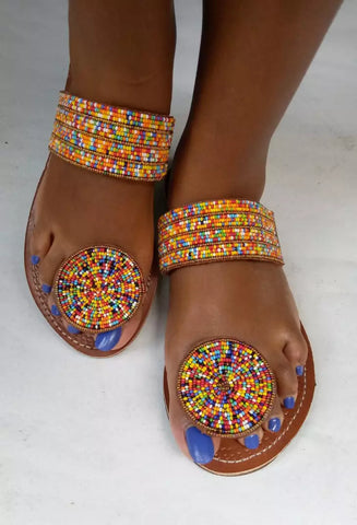 Handmade Maasai Beaded Slippers/ Thongs/ Sandals - Rainbow