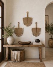 Lade das Bild in den Galerie-Viewer, Hand Woven African Decor Fan With Cowrie Shells | Primitive Decor | Statement Piece | Rustic| Boho | Farm House | Antique Wall Hanging
