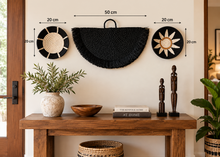 Load image into Gallery viewer, Set of 3 Handwoven Sisal Fan and Basket Wall Decor, African Wall Art, Natural Fiber Boho Decor, Woven Fan Tapestry, Japandi Decor -Black
