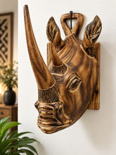 Charger l'image dans la galerie, Hand Carved Rhino Head Wall Decor, African Rhino Wood Plaque, Rustic Boho Home Decor, Tribal Wall Art, Entryway Door Decor, Gift
