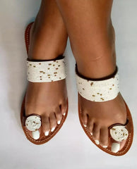 Handmade Maasai Beaded Slippers/ Thongs/ Sandals - Milk