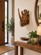 Charger l'image dans la galerie, Hand Carved Rhino Head Wall Decor, African Rhino Wood Plaque, Rustic Boho Home Decor, Tribal Wall Art, Entryway Door Decor, Gift
