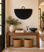 Cargar imagen en el visor de la galería, Handwoven Sisal Decorative Fan Wall Decor, Black African Wall Art, Natural Fiber Boho Decor, Woven Fan Tapestry, Japandi Decor -BLACK
