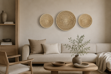 Load image into Gallery viewer, Set of 3 Handwoven Raffia Wall Baskets | African Straw &amp; Palm Leaf Art | Afrocentric | Japandi | Retro | Scandi | Rustic | Minimalist
