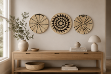 Load image into Gallery viewer, Set of 3 Handwoven Raffia Wall Baskets | African Straw Art | Japandi | Scandinavian Decor Rustic
