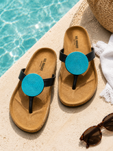 Lade das Bild in den Galerie-Viewer, Hand Beaded Kenyan  Sandals | Maasai-Inspired Boho Summer Slides | Kenyan Sandals | African Wear | Tropical Holiday | Cork Sole | Turquoise Sandals
