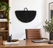 Cargar imagen en el visor de la galería, Handwoven Sisal Decorative Fan Wall Decor, Black African Wall Art, Natural Fiber Boho Decor, Woven Fan Tapestry, Japandi Decor -BLACK
