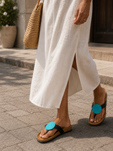 Lade das Bild in den Galerie-Viewer, Hand Beaded Kenyan  Sandals | Maasai-Inspired Boho Summer Slides | Kenyan Sandals | African Wear | Tropical Holiday | Cork Sole | Turquoise Sandals
