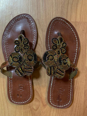 African Maasai Beaded Slippers/ Thongs/ Sandals - Gold