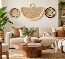 Lade das Bild in den Galerie-Viewer, Handwoven Sisal Fan and Basket Wall Decor, White African Boho Art (Set of 3)
