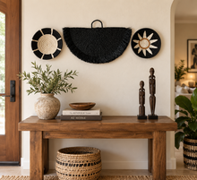 Load image into Gallery viewer, Set of 3 Handwoven Sisal Fan and Basket Wall Decor, African Wall Art, Natural Fiber Boho Decor, Woven Fan Tapestry, Japandi Decor -Black
