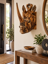 Charger l'image dans la galerie, Hand Carved Rhino Head Wall Decor, African Rhino Wood Plaque, Rustic Boho Home Decor, Tribal Wall Art, Entryway Door Decor, Gift
