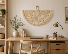 Load image into Gallery viewer, Handwoven Sisal Decorative Fan Wall Decor, Black African Wall Art, Natural Fiber Boho Decor, Woven Fan Tapestry, Japandi Decor -White

