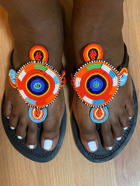 Pantoufles/ tongs/ sandales perlées Maasai africaines - Tribal