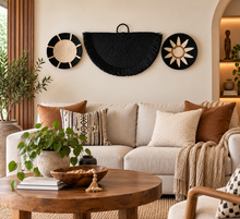 Load image into Gallery viewer, Set of 3 Handwoven Sisal Fan and Basket Wall Decor, African Wall Art, Natural Fiber Boho Decor, Woven Fan Tapestry, Japandi Decor -Black
