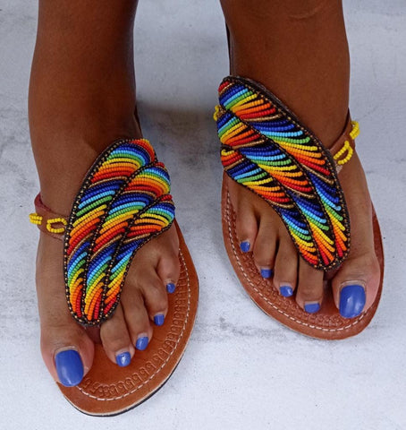 Handmade Maasai Beaded Slippers/ Thongs/ Sandals- Feather