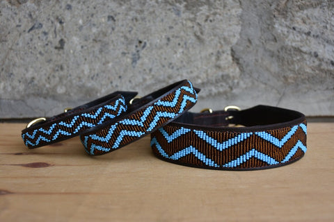 Blaue und braune Hundehalsbänder / Gürtel / Leine / passendes Armband