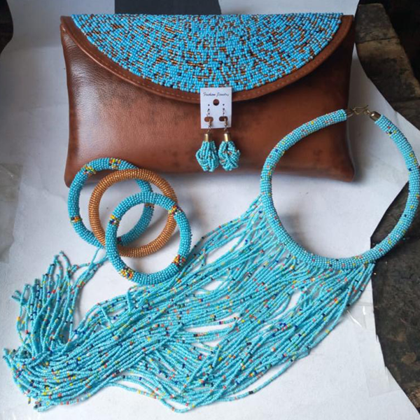 Leather Beaded Clutch Purse - AcquaBlue, Brown