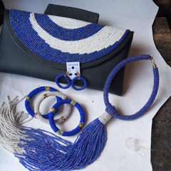 Leather Beaded Clutch Purse - Darkblue, Black