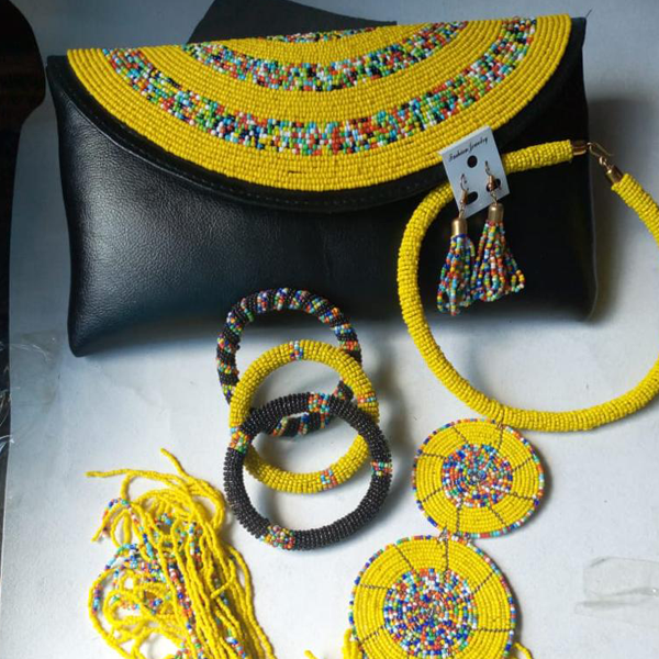 Leather Beaded Clutch Purse - Yellow, Black