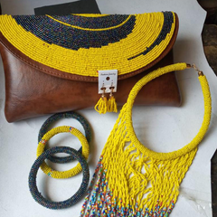 Leather Beaded Clutch Purse - Yellow, Brown